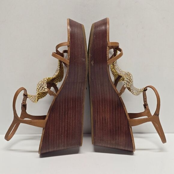 Lola Cruz Tan Leather Crystal Embellished Mesh T-Strap Wedged Sandals Women's 7 - Picture 5 of 9